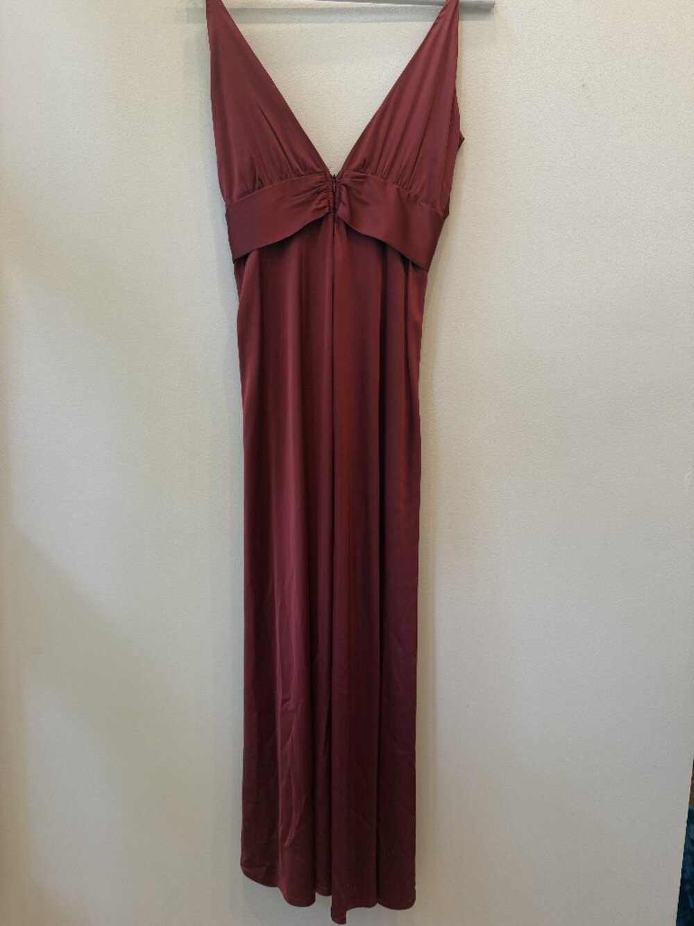 Luxxel Burgundy Satin V-Neck Floor-Length Gown